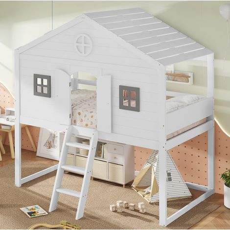 Letto rialzato bambini 90x200 cm con scala, sponda, 2 finestre e struttura in pino, bianco e grigio, senza materasso (1/5)