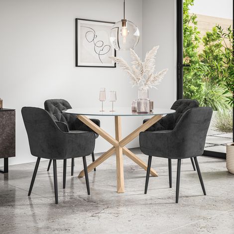 Malvern Round Dining Table And Chairs - Clear Glass Table Top w Solid Oak Legs + Anika Velvet Dining Chair Set Of 4 (Black) (1/5)