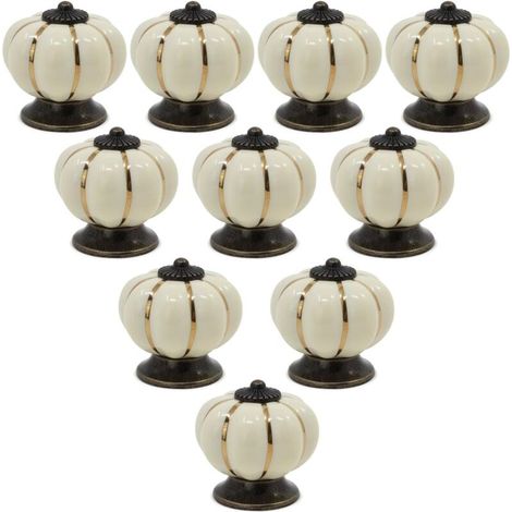 Lot de 10 boutons de placard en céramique style vintage européen en forme de citrouille pour commode, armoires et tiroirs, beige (1/5)