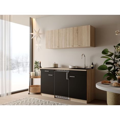 Küche Küchenzeile Einbauküche Singleküche Eiche Schwarz Ingrid 150 cm Respekta