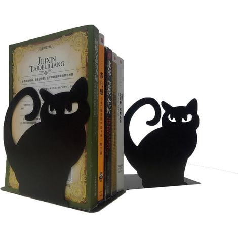 Paar dekorative Buchstützen aus Metall in Form einer Perserkatze für Regale, schwarz