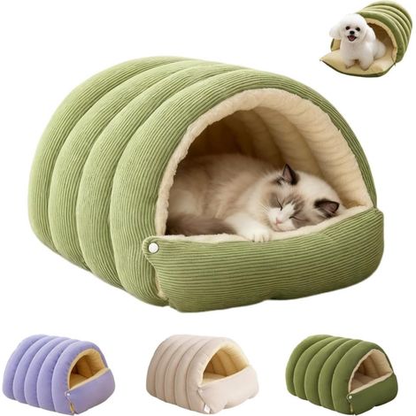 Sacco a pelo per animali domestici – Verde – Cuccia per cani e gatti – Fodera in peluche – Esterno in velluto a coste – Pieghevole – Cuscino sfoderabile e lavabile – Taglia media 45 x 30 x 19 cm (1/5)