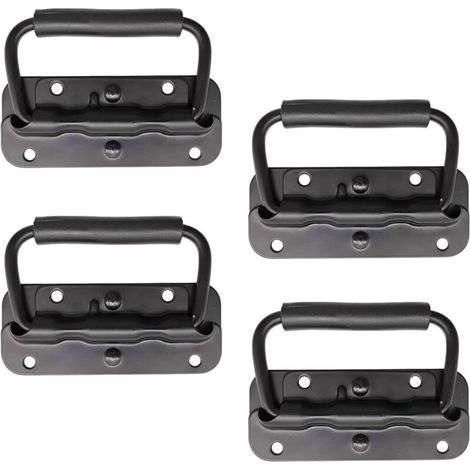 4 Pièce Poignée Pliante à Ressort Inox 100 mm Poignée de Traction Porte Pliante Poignée de Caisse Pliable Poignée de Boîte avec Poignée pour Boîte à Outils Porte Armoire Trappe (Noir) (1/5)