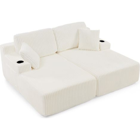 Sofá cama relax de 2 plazas en tejido efecto cuerda beige con almacenaje y portavasos (1/5)
