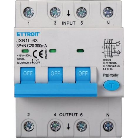 RCBO Interruttore Magnetotermico Differenziale Tipo A Curva C 3P+N 4M 6000A 300mA C20A AC 400V IP20 IEC61009-1