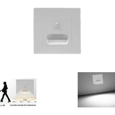 LUCE NOTTURNA SEGNAPASSO LED QUADRATO BIANCO SENSORE MOVIMENTO LUCE FREDDA 6000K (1/2)