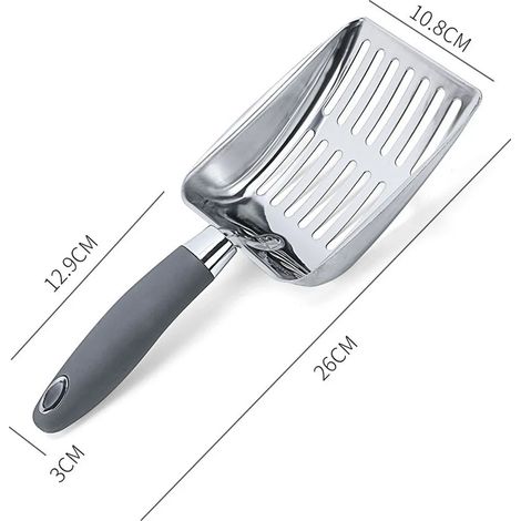 Katzenstreuschaufel, Streusieb aus Edelstahl, Metallschaufel, langlebig, robust, flaches Edelstahlmaterial, grauer Griff.