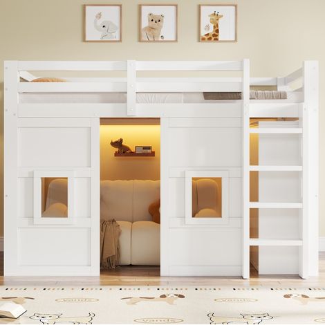 Bett Hochbett modern aus Holz Weiß 90x200 cm mit Kleiderschrank, 2 Fenstern, LED und Lattenrost