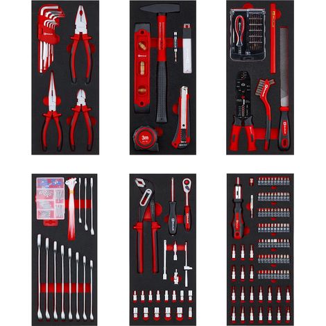 Kit d'outils pour servante d'atelier 6 pads – 287 pièces avec embouts de précision et spéciaux, pinces, vis, clé à douille, niveau à bulle, marteau et mètre ruban (1/5)