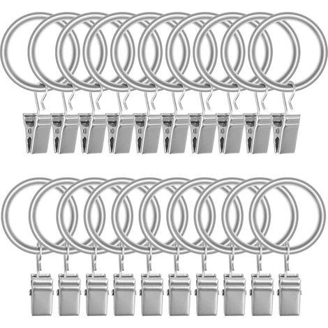 Lot de 20 Anneaux Accroche Rideau en Acier Inoxydable Mat avec Clips Crochets de Tension pour Rideaux Décoratifs Accroche Rideaux Argenté Mat (2,5 cm de Diamètre Intérieur) (1/5)