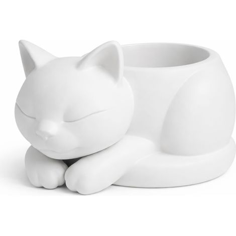 Cache-pot décoratif blanc en forme de chat endormi pour plantes grasses et cactus