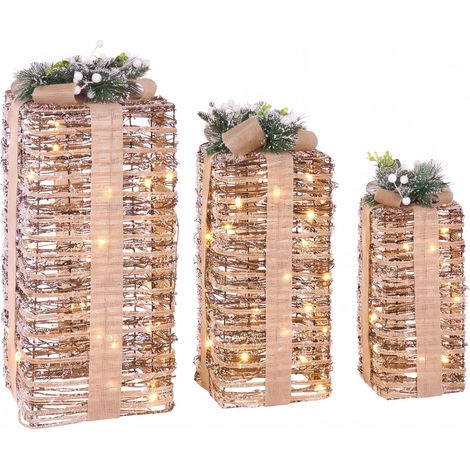Conjunto de 3 decoraciones regalos de Navidad con luces LED blancas cálidas adornos festivos para interior marrón con beige Valkama (1/5)