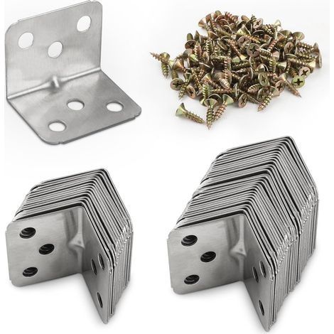 Lot de 50 Raccords d'Angle en Acier Inoxydable - Équerre de Meuble à 90° - Fixation Métallique en L à Visser pour Étagère en Bois - 36 (1/5)