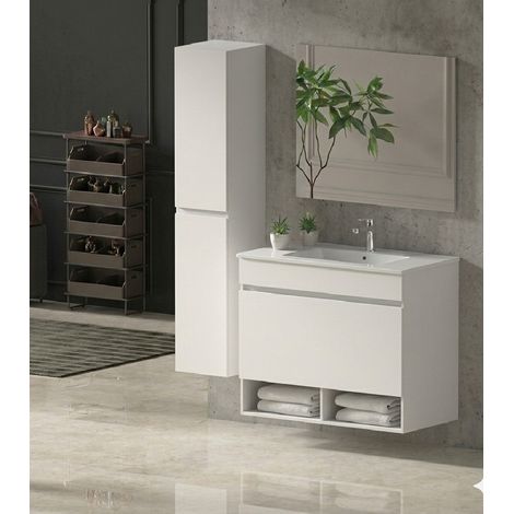 Badmöbel Set NEBARI Vormontiert 1 Schublade, Waschbecken und Spiegel Weiß glänzend 120x45 cm 1 Waschbecken mit Hochschrank