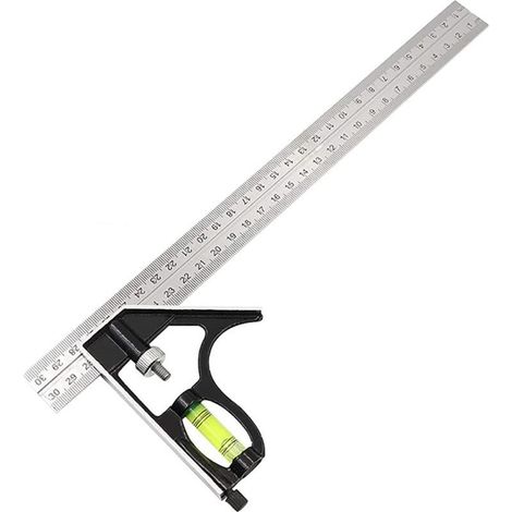 Règle d'angle de combinaison réglable en acier inoxydable avec niveau à bulle, Carrée Outils de Mesure outil de traceur pour bois pour mesures d'angle de charpentier à 45 ° / 90 ° (1/5)