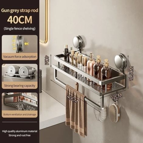 Barre XP grise de 40 cm - Support mural de salle de bain à ventouses adhésives (sans perçage) - Étagère de salle de bain en aluminium - Organisateur mural (1/5)