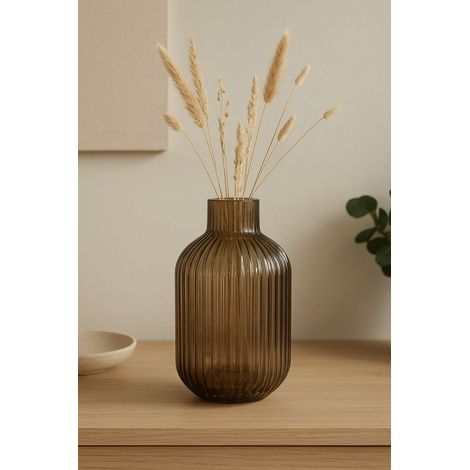 Vase moderne en verre côtelé – Brun fumé – Vase décoratif – Ø 12 x H 21 cm (1/2)