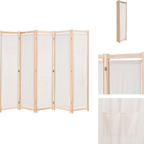 Cloison de séparation 5 panneaux Crème 200 x 170 x 4 cm Tissu - Cloison De Séparation - Cloison Pliable - Paravent - Séparation Pièce - Dressing (1/4)