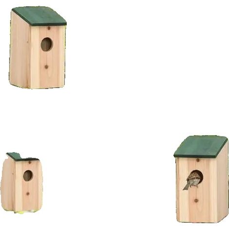 Casita para pájaros, madera de pino, 12 cm x 12 cm x 22 cm, ideal para pájaros de jardín, diseño resistente, gancho de metal incluido. (1/5)