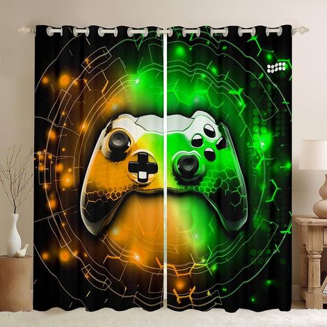 Consoles de jeux Rideau pour chambre à coucher, jeux vidéo Manette de jeu Rideau de fenêtre imprimé pour filles adolescents, or vert néon décor nid d'abeille microfibre traitement de - 245x140cm (HxB) (1/5)