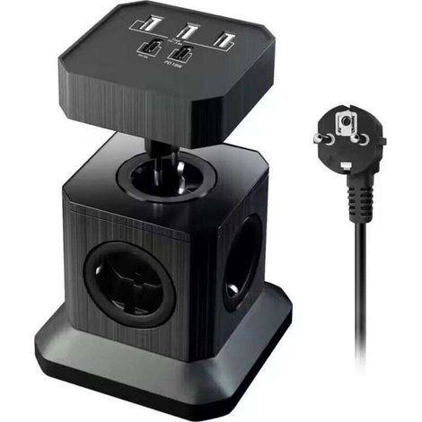 Prise Cubique Multiprise 5 Voies avec Ports USB (3 USB A + 2 USB C) – Multiprise SANPOPO avec Charge Rapide USB C, Câble d’Extension de 2 m, Multiprise Empilable, Couleur Noire (1/3)