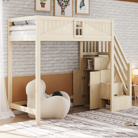 lit enfant mezzanine rangement 90x200 bois naturel OKMYHOME (1/5)
