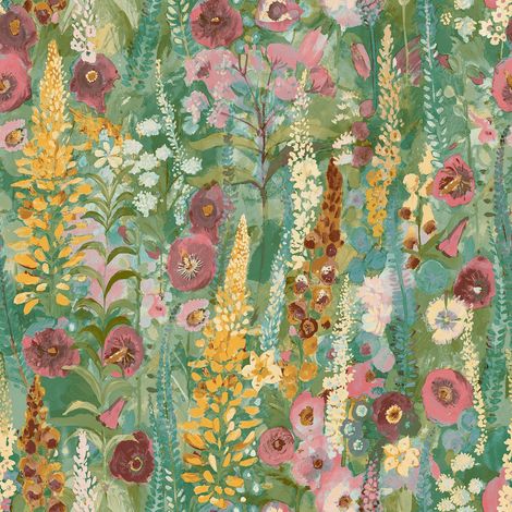 Grandeco Delphinium Green Pink Wallpaper Painted Floral Paste The Wall Vinyl (1/4)