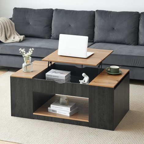 Table Basse Relevable avec 3 Coffres de Rangement et Niche Ouverte - Table de Salon Évolutive - 109.5x59.7x43cm - Gris et Marron (1/5)