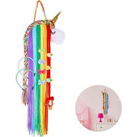 Organizador de lazos para el cabello de unicornio, pinzas para el cabello arcoíris, diadema con borlas de hilo, organizador de almacenamiento, cara de unicornio tímido, decoración del hogar para niñas (1/4)