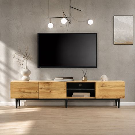 Meuble TV 175 cm avec rangement, LED multicolore pilotable par application, MDF, chêne clair DESVIAE (1/5)