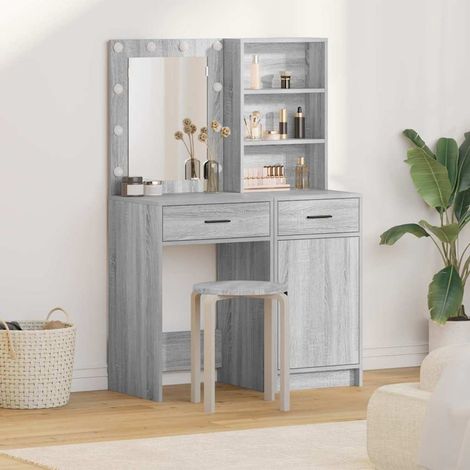 Schminktischset mit LED 2 pcs Graues Sonoma Holzwerkstoff