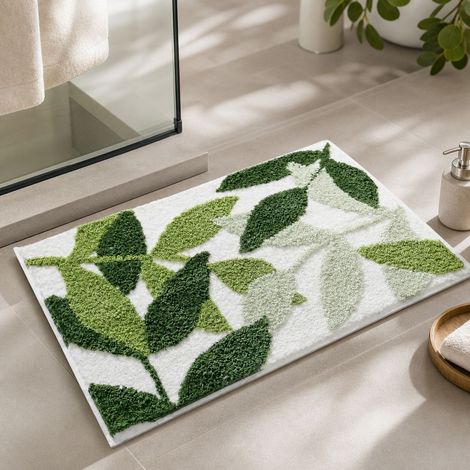 Tapis feuilles vertes antidérapant en microfibre douce effet laine, 50x80 cm pour salle de bain (1/4)
