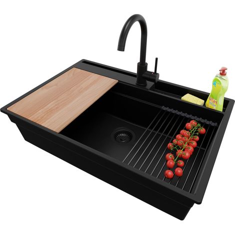 PRIMAGRAN Evier Cuisine en Granit 78x53cm, Lavabo 1 bac + Kit de Vidage + Accessoire, Évier à Encastrer au meuble 80cm - Oslo Pocket, Tout Noir