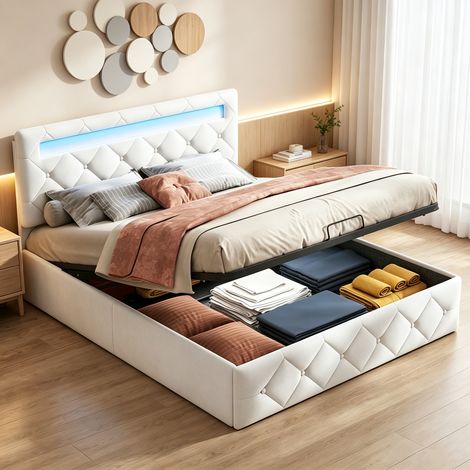 Lit Double Coffre 160x200 cm, Éclairage LED Multicolore, Rangement Hydraulique, Tête de Lit Réglable pour Matelas 25-30cm (1/5)