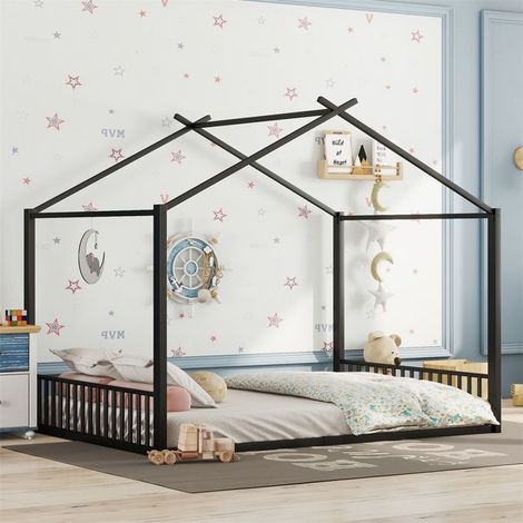 Lit plat 140  200cm, lit à cadre en fer, lit bébé, plinthe de maison, noir