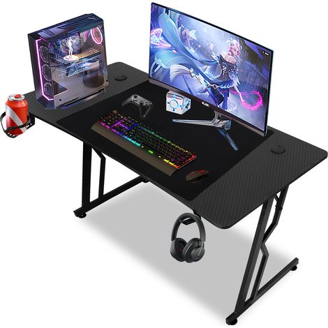 Randaco Scrivania da gioco 120 x 60 cm, scrivania da gioco con tappetino per mouse, tavolo da gioco per PC in fibra di carbonio con gancio per cuffie, modello base