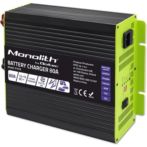 Qoltec Smart Professional Monolith Battery Charger for LiFePO4 AGM GEL SLA batteries 80A 12V Fast charging
