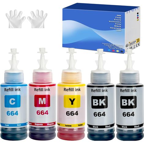 Encre Compatible avec Epson 664 Bouteille d'encre Multipack pour ET-2500 ET-2550 ET-2600 ET-2650 ET-3600 ET-4500 ET-4550 ET-14000 ET-15000 ET-16500 L100 L110 L200 L210 L350 L355 L365 (1/5)