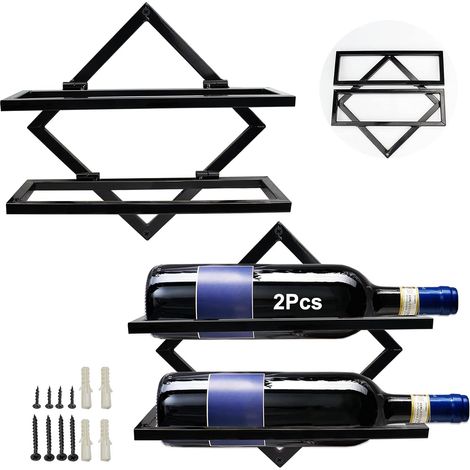 Wandmontiertes Weinregal aus Metall – für 2 Flaschen Alkohol – klappbares Hängeregal – schwarz – Keller/Bar/Küche
