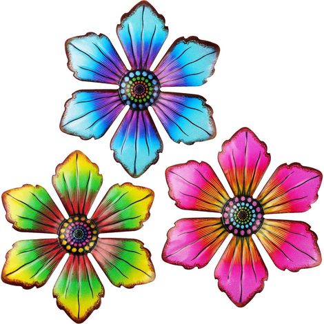 3pcs Fleur en métal, Art mural extérieur, Décoration jardin, Fer peint, Salon Cour Patio