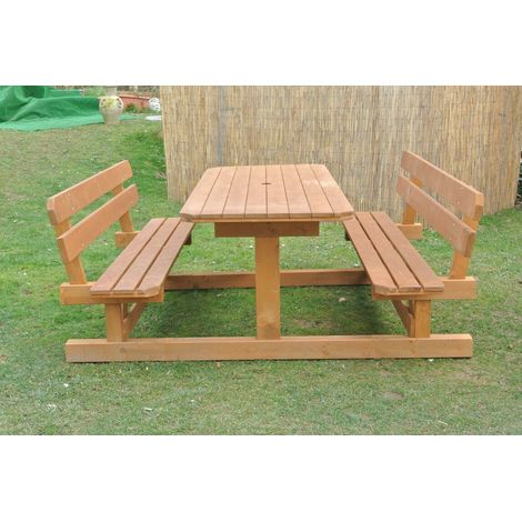 Tavolo da giardino in legno abete con panche e schienale 8+2 posti mod prater finitura: c13 castagno (1/5)