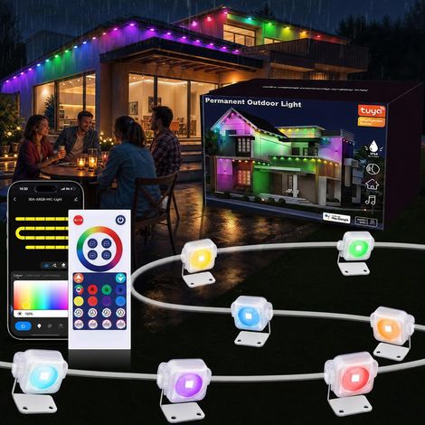 HEMVOR Guirlande lumineuse extérieure RGBIC 15 m 30 LED, éclairage permanent WiFi Bluetooth IP65, contrôle application, musique, 24 V, Multicolore