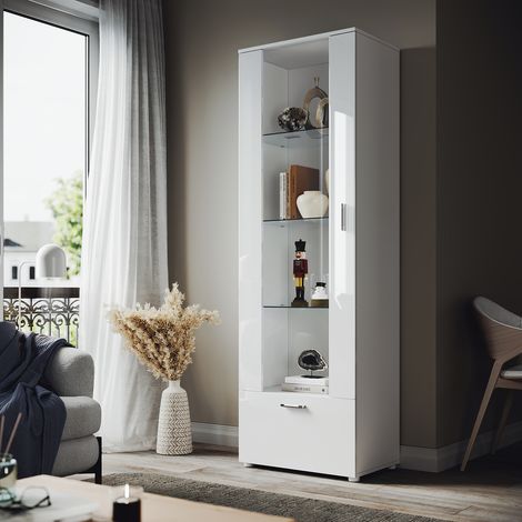 ELEGANT Designer Tall Display Cabinet Cupboard in White High Gloss Multicolour LED Lights 5mm Tempered Safety Glass Shelves 1870 x 600 x 40 mm (1/6)