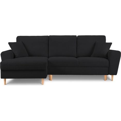 Canapé d'angle gauche convertible + box 4 places en bouclé noir (1/5)