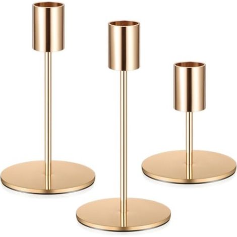 Set aus 3 Kerzenständern aus goldfarbenem Metall für konische Kerzen – Tischdekoration im Vintage-Stil (1/5)