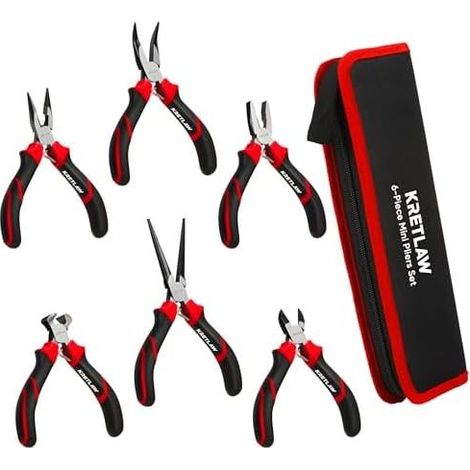 Set di 6 mini pinze da elettricista, a becco lungo, a becco d'ago, a becco curvo, tagliafili e tronchesi, per riparazioni elettroniche, custodia inclusa. (1/5)