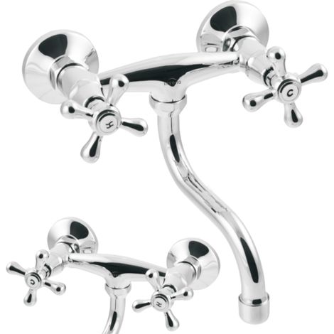Invena Robinet mitigeur lavabo Roma - Chrome - Deux poignées - Bec pivotant - Salle de bain rétro (1/5)