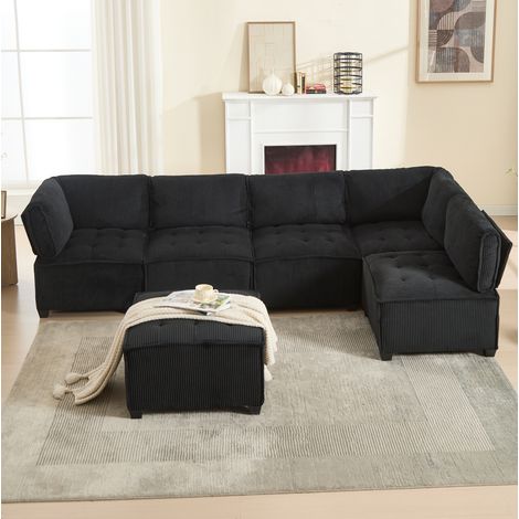 Divano modulare 6 posti 308 x 154 cm in velluto a coste, nero, composizione L o U DESVIAE (1/5)