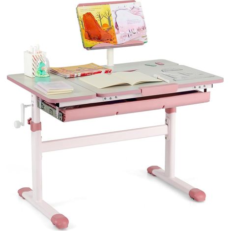 COSTWAY Scrivania per Bambini, Tavolo per Studenti con Regolabile in Altezza, con Piano Ribaltabile, Libreria, Cassetti e Righello di Misurazione, Ergonomica, Ideale per Bambini 3-12 Anni (Pink) (1/5)