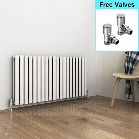 ELEGANT 600 x 1190 mm White Designer Radiator Horizontal Column Double Oval Panel Radiator Heater with Angled Radiator Valves (1/5)